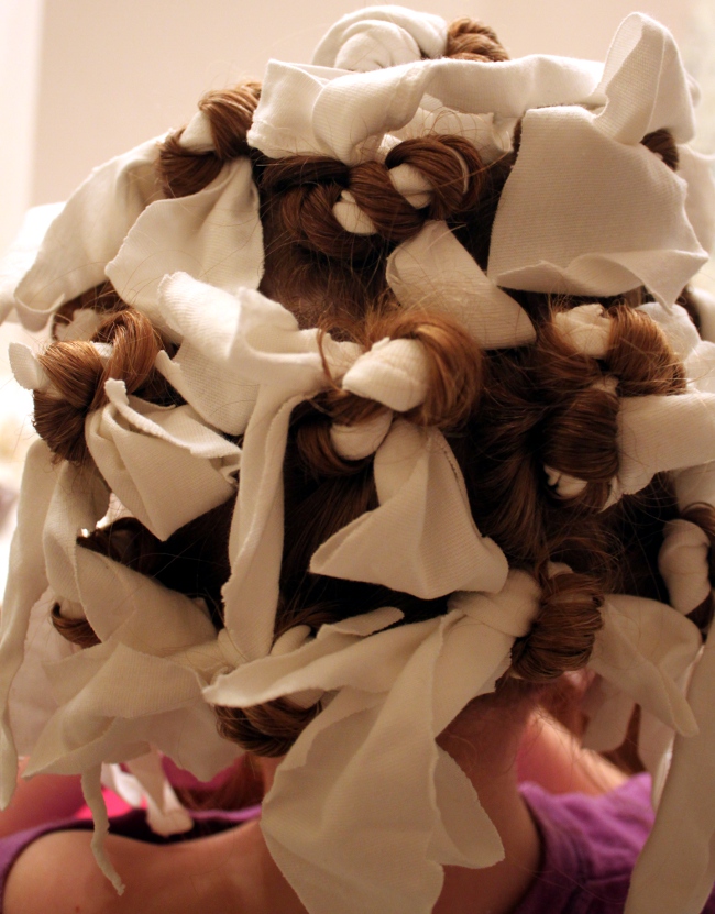 The finished rag curl set.  I needed a lot of curlers.  A bonus of this method is that the rag curlers were comfortable for sleeping.